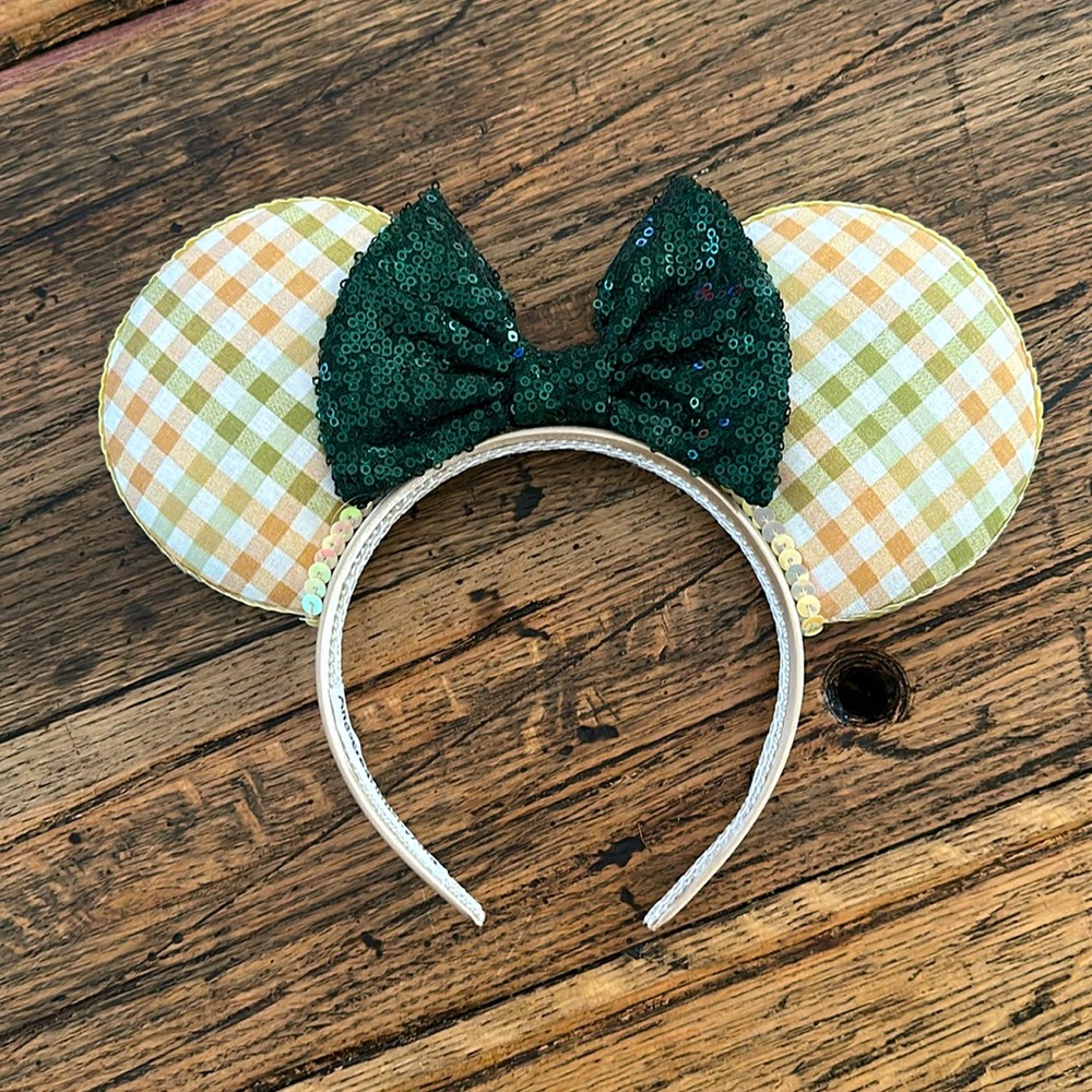 Fall or Autumn Plaid Minnie Ears with Dark Green Sequin Bow